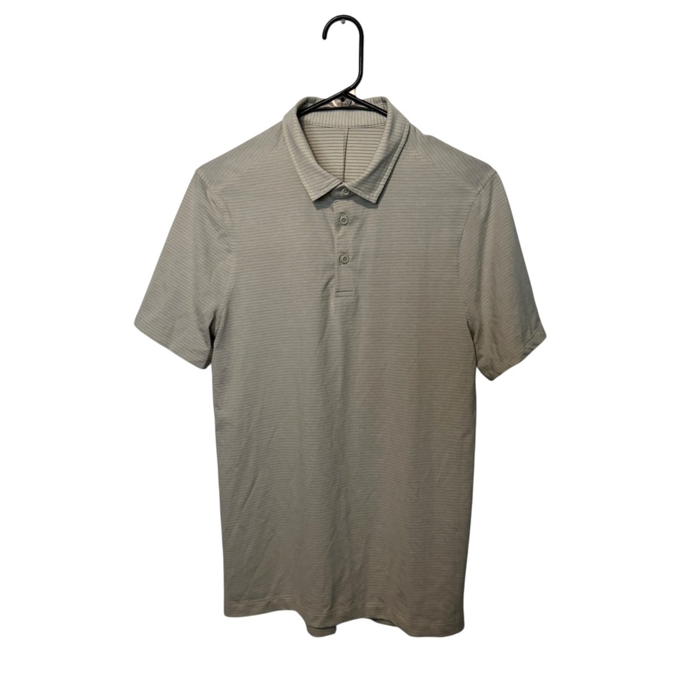 Lululemon Evolution Polo Shirt Mens Small Beige Striped Stretch Slim Fit Golf